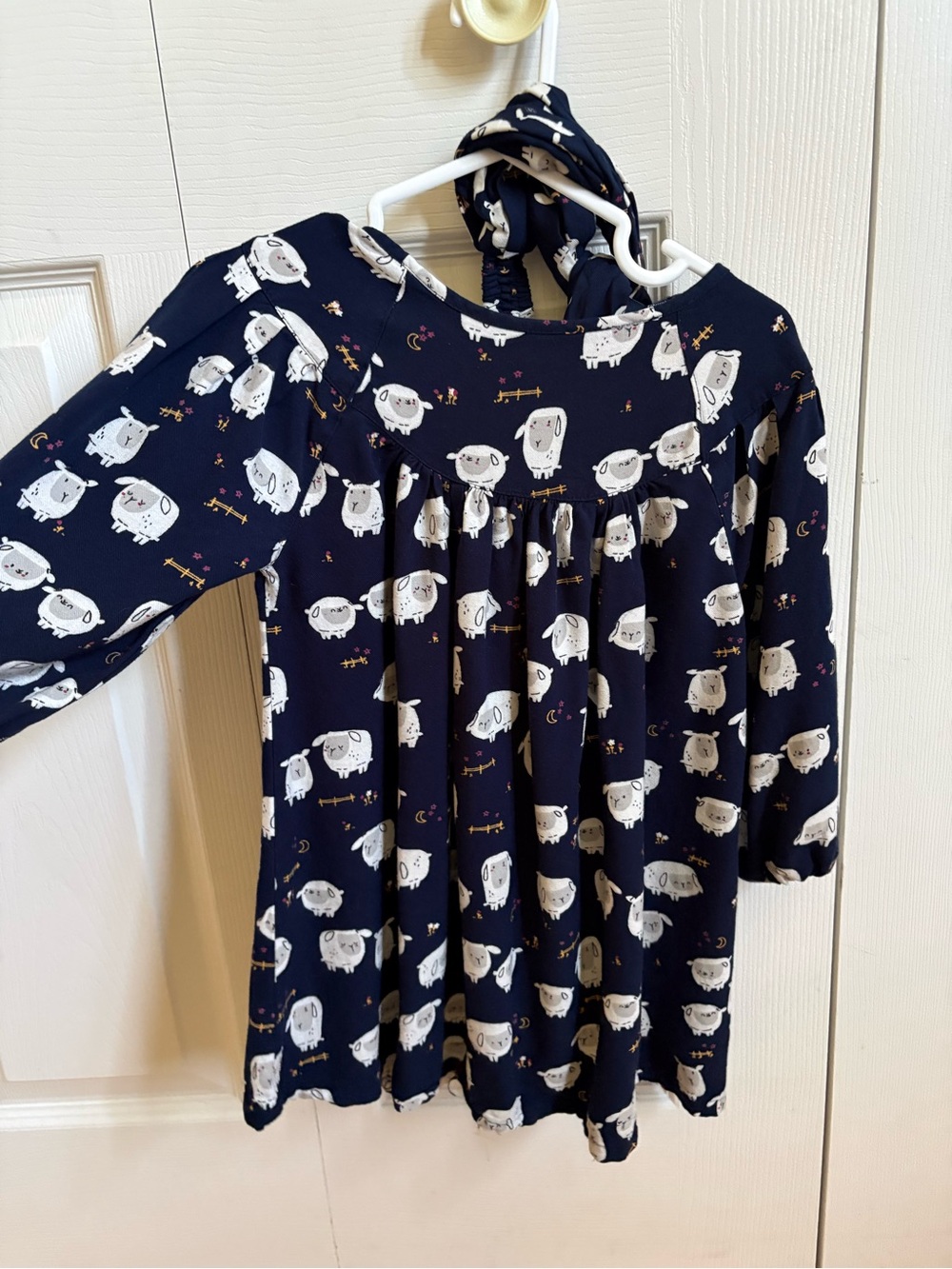 Souris Mini - Navy Long-Sleeve Kids Dress with Sheep Print